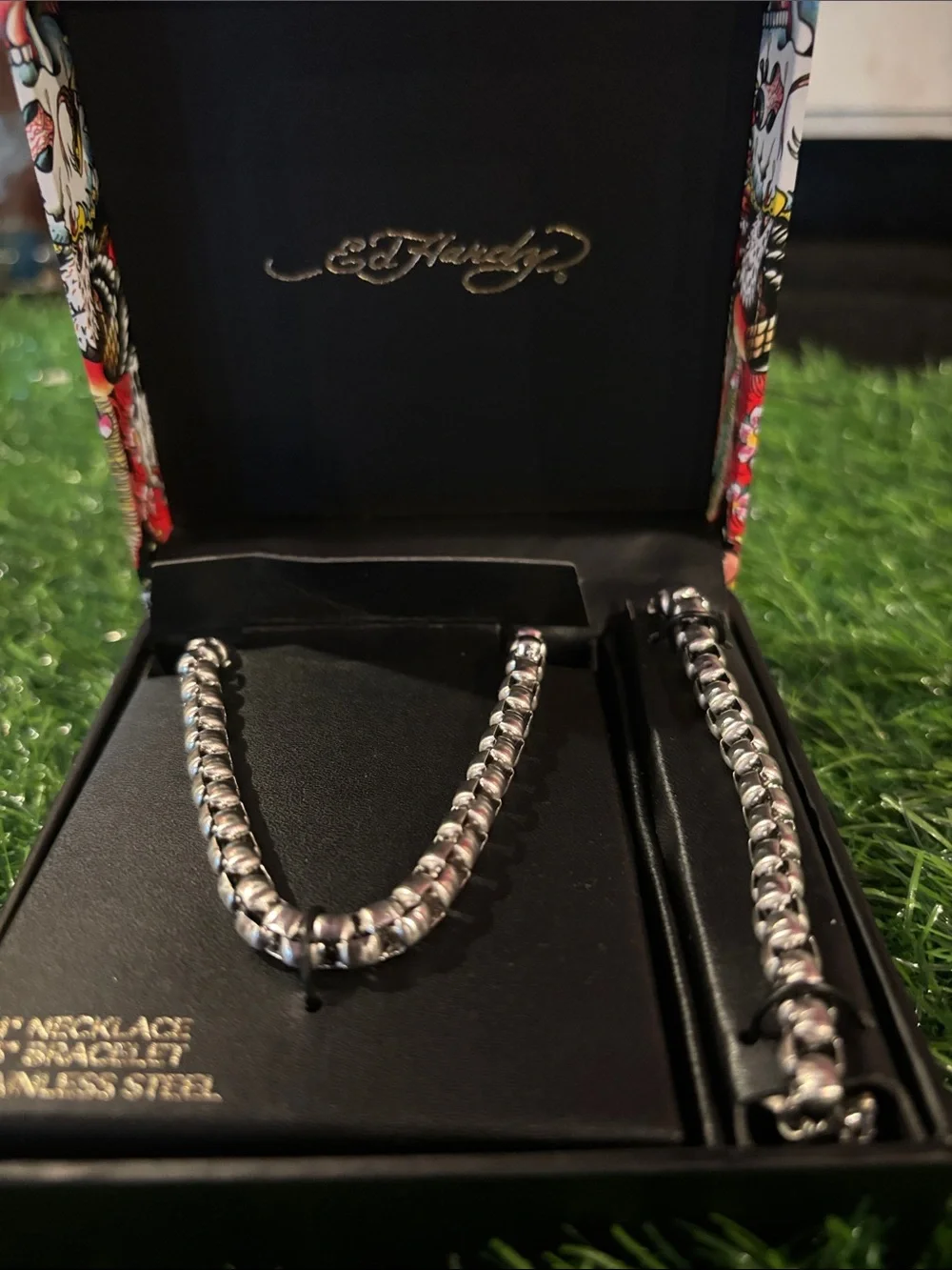 Ed Hardy Silver and Black Stainless Steel Necklace and Bracelet Set